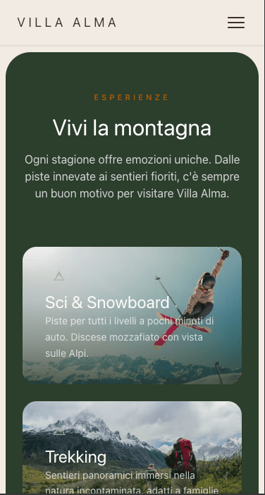 Villa Alma mountain rental website, mobile responsive design